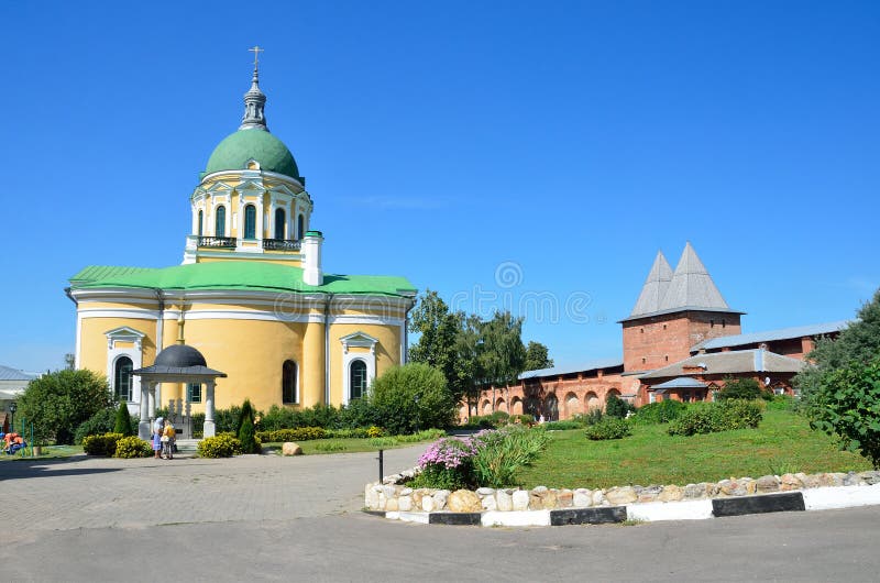 Cathedral of the beheading of John the Baptist and the walls and towers of the ancient Zaraysk Kremlin in summer day.