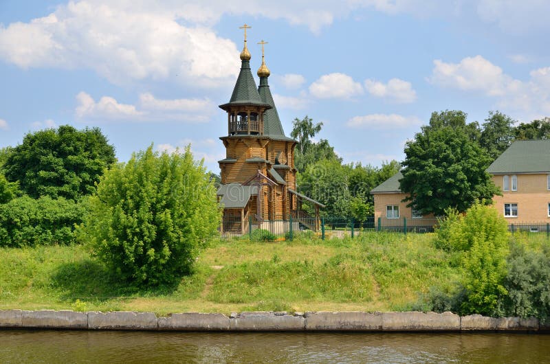 Cathedral with bell tower on Volga river bank in Russia