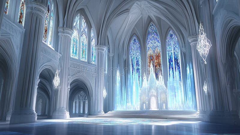 A cathedral built from frozen light beams where stained glass windows show scenes from parallel universes and prayers rise as architectural formations