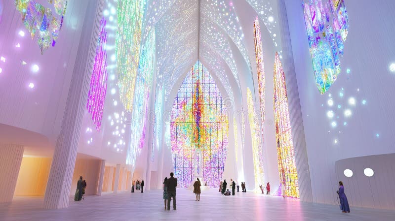 A cathedral built from frozen light beams where stained glass windows show scenes from parallel universes stock illustration