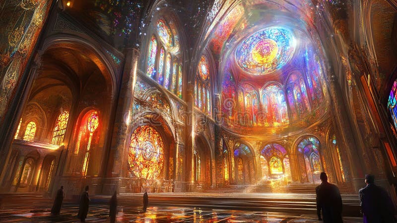 A cathedral built from frozen light beams where stained glass windows show scenes from parallel universes vector illustration