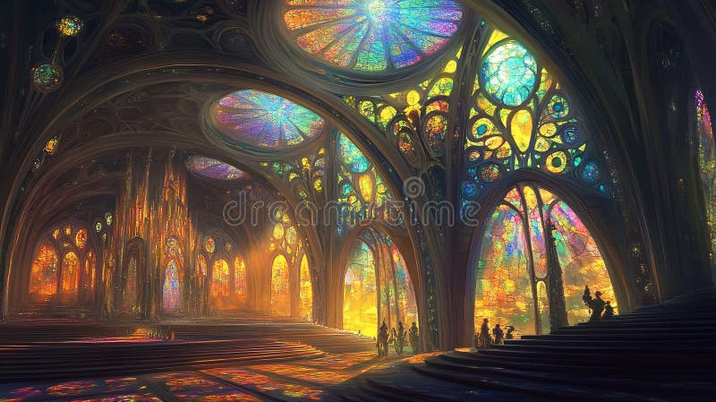 A cathedral built from frozen light beams where stained glass windows show scenes from parallel universes vector illustration
