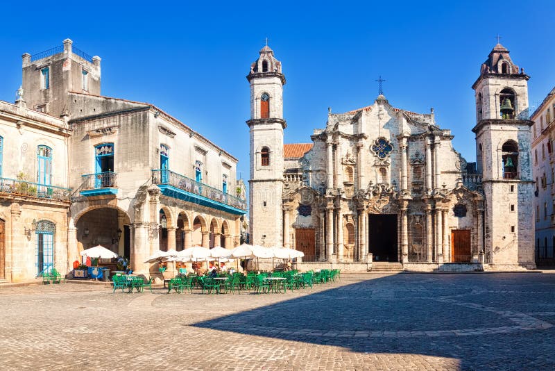 The Cathedral of Havana and the famous nearby square on a beautiful day. The Cathedral of Havana and the famous nearby square on a beautiful day