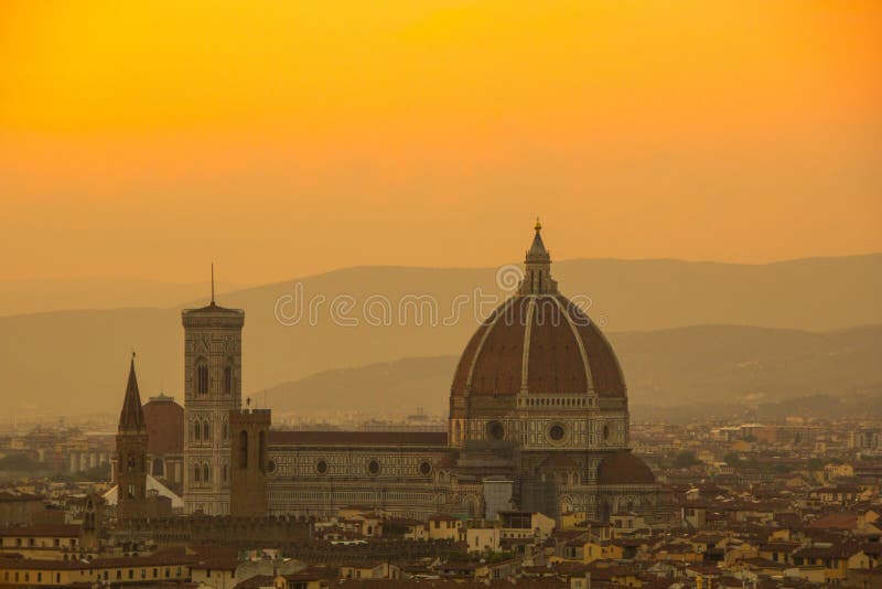 Cathedral of Santa Maria del Fiore Duomo. Amazing evening golden hour light. View from Piazzale Michelangelo. stock photos Cathedral of Santa Maria del Fiore Duomo. Amazing evening golden hour light. View from Piazzale Michelangelo. stock photos
