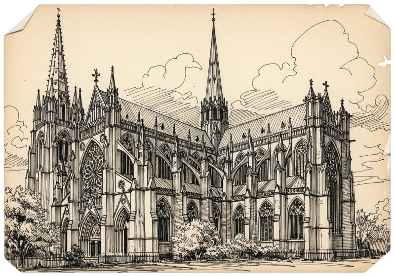 Cathedral sketch with detailed architectural elements, featuring royalty free illustration