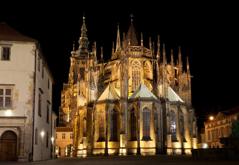 Cathedral of St.Vitus in Prazsky hrad in Prague. Night lighting of the Cathedral makes it particularly magnificent