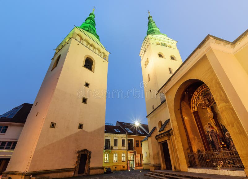 Cathedral of Trinity in Zilina, in the evening.