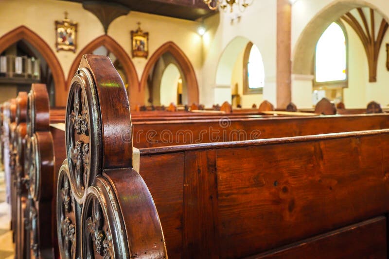 Catholic Church Interior. Rows of Church Benches. Stock Image Image