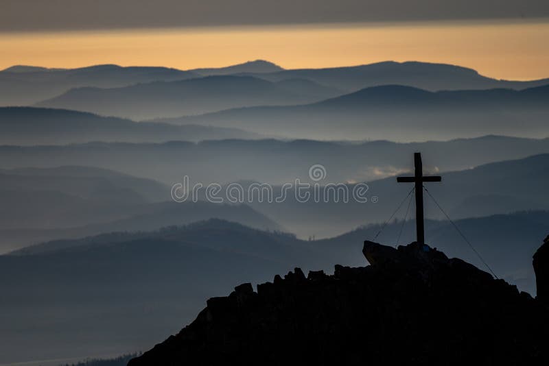 Catholic cross on top of the mountain. Mt. Solisko, Tatra Mountains, Slovakia