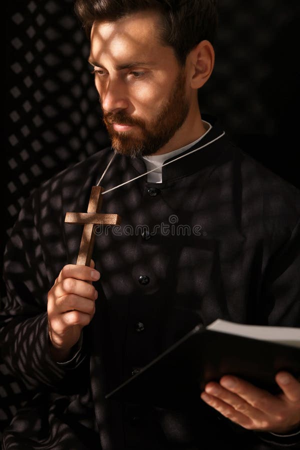 Catholic Priest in Cassock Holding Cross with Bible in Confessional Booth Stock Photo Image of