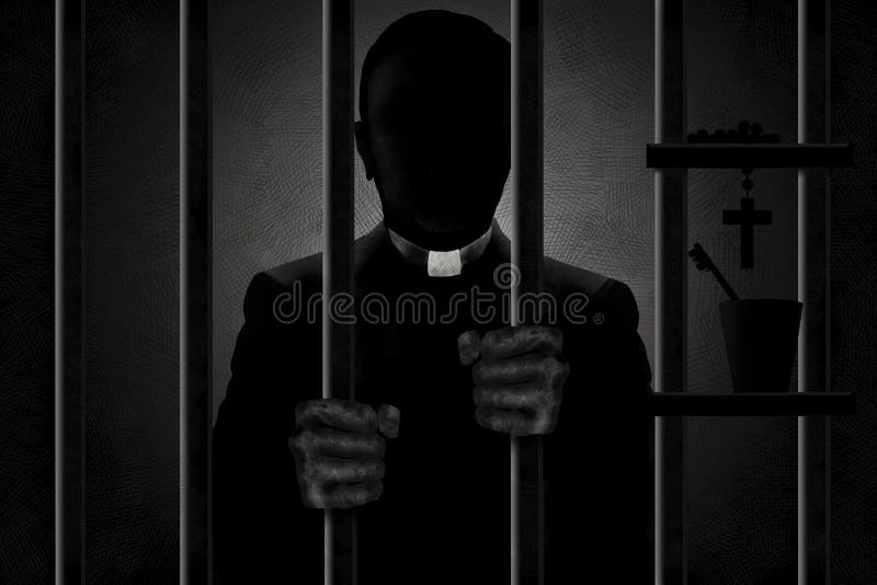 A Catholic priest identified by his clergyman collar is seen in silhouette behind bars with his filthy hands gripping the bars. He