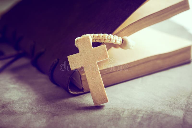 Catholic Rosary Beads With Old Book On Cement Table Prayer, Rosa Stock