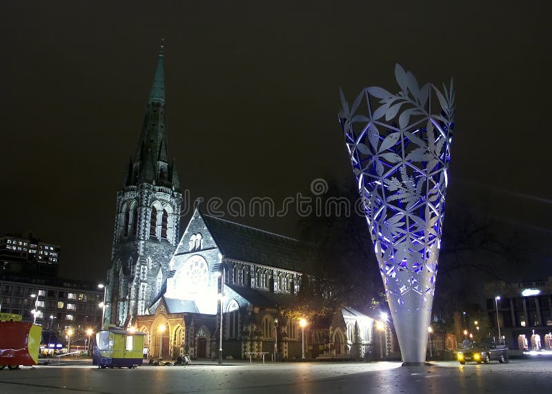 Canterbury Cathedral and Monument in Christchurch, New Zealand, at night. Canterbury Cathedral and Monument in Christchurch, New Zealand, at night