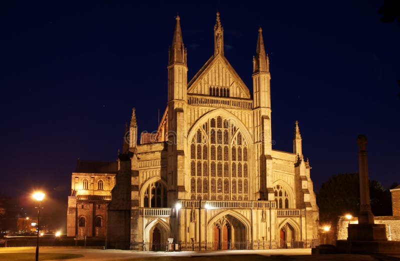 Image of front of Winchester Cathedral at night. Image of front of Winchester Cathedral at night