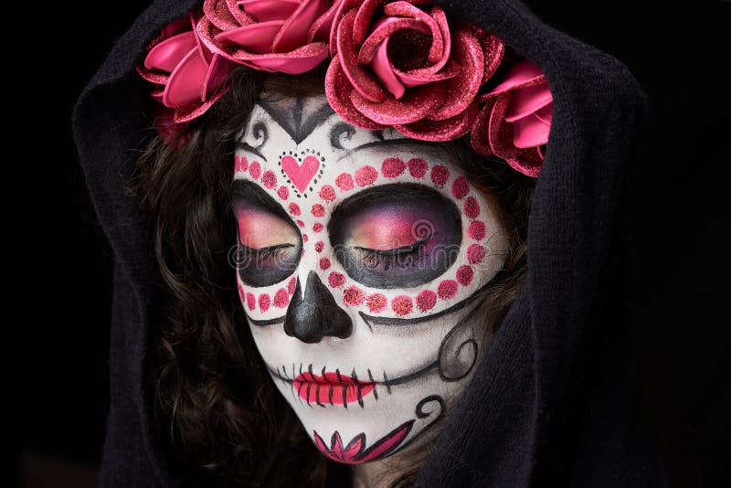 Catrina skull with closed eyes on black background. Catrina skull with closed eyes on black background