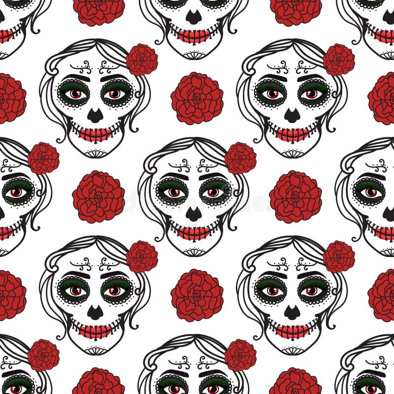 Catrina kobieta z uzupełniał cukrowa czaszka bezszwowy wzoru de muertos Dia Los Meksykański dzień nieboszczyk wektor royalty ilustracja Catrina kobieta z uzupełniał cukrowa czaszka bezszwowy wzoru de muertos Dia Los Meksykański dzień nieboszczyk wektor royalty ilustracja