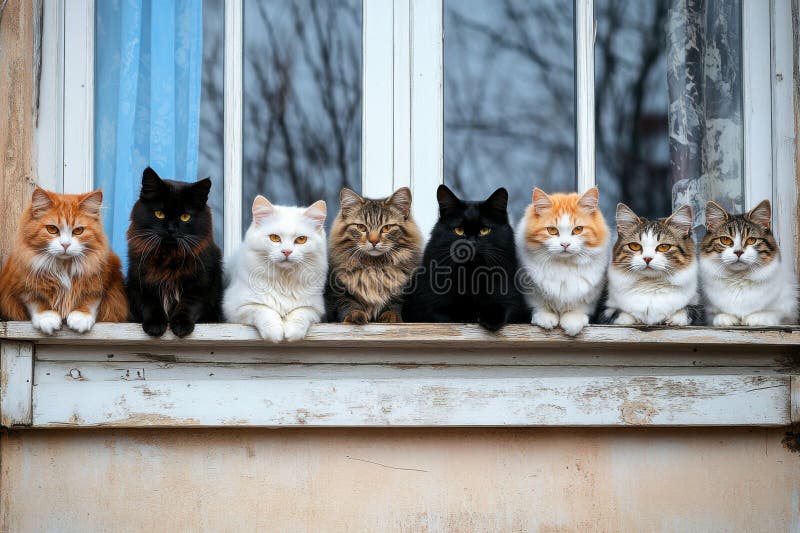 Cats Amusingly Gathered at the Windowsill Enjoying the View of the