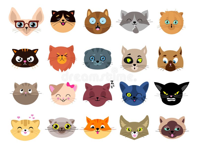 Cats avatars. Flat cat faces. Isolated kitten heads with eyes. Animals funny emoji characters, emoticon stickers. Doodle