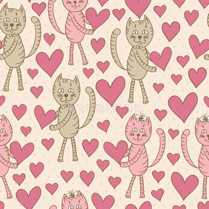 Cats with hearts seamless pattern