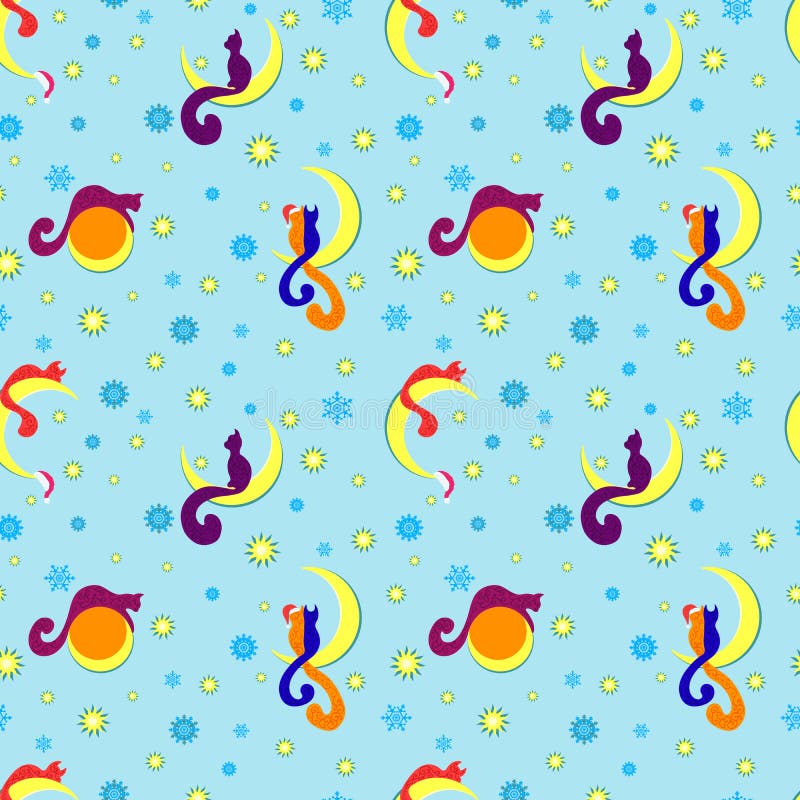 Cats, moon and stars in the sky, starry sky, snowflakes, seamless pattern royalty free illustration