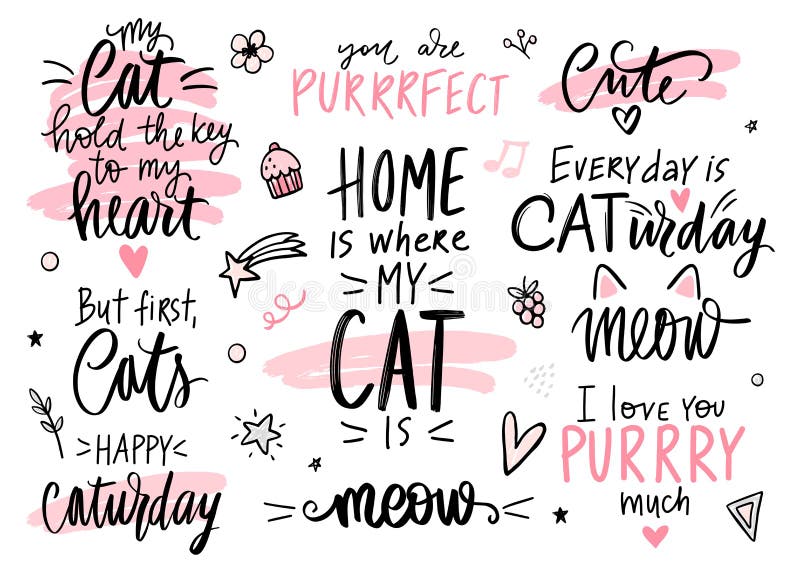 Cats quotes set, meow lettering, fashion kitty phrases. Cute vector set with funny sayings.