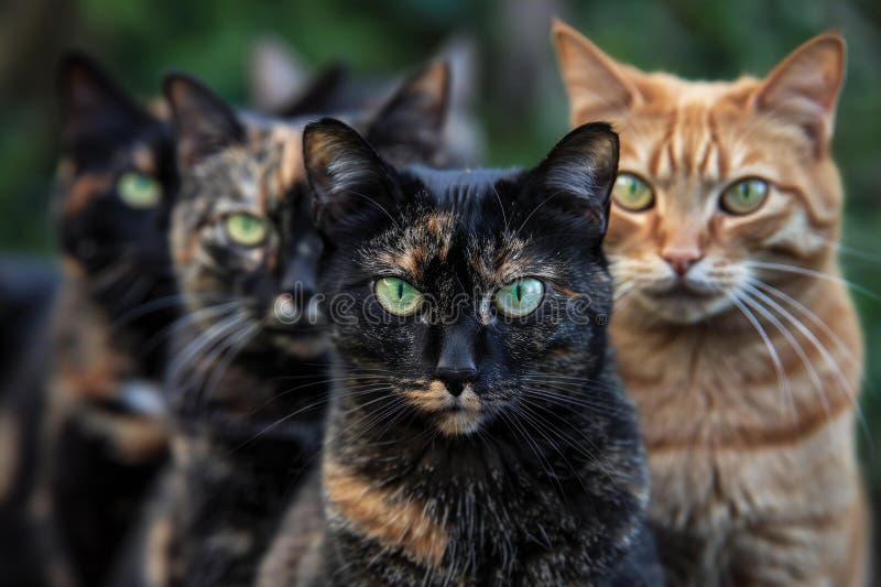 Cats in a row with their eyes wide open stock photo stock illustration