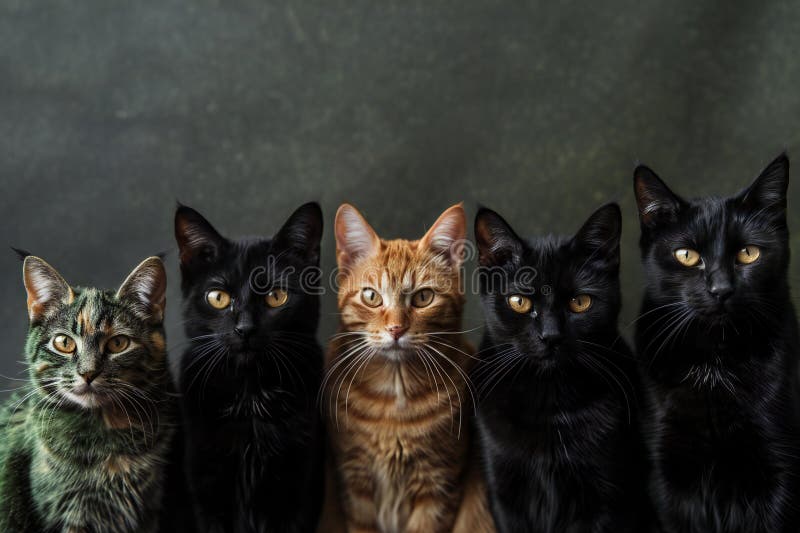 Cats in a row with their eyes wide open stock photo vector illustration