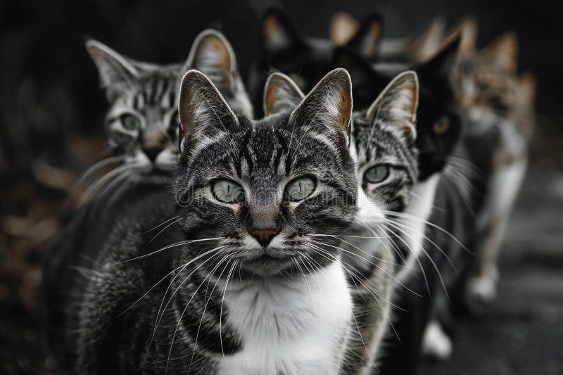 Cats in a row with their eyes wide open stock photo vector illustration