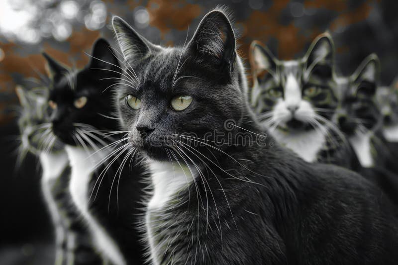 Cats in a row with their eyes wide open stock photo royalty free illustration