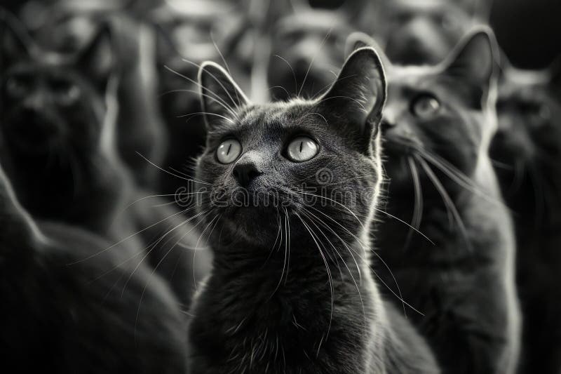 Cats in a row with their eyes wide open stock photo stock illustration