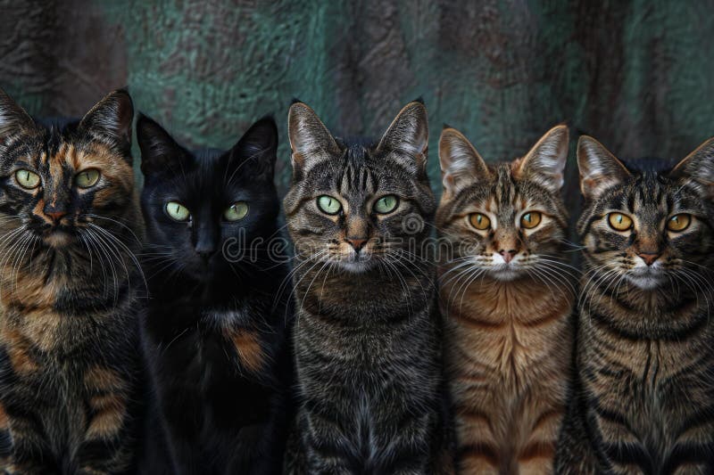 Cats in a row with their eyes wide open stock photo vector illustration