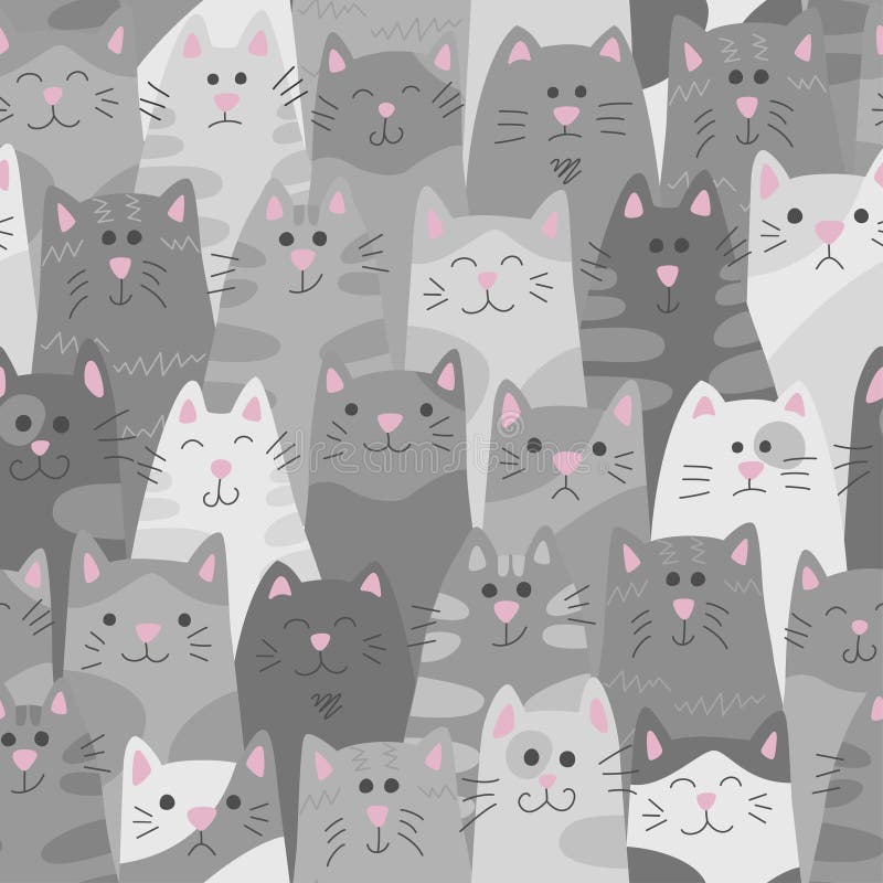 Cats. Seamless Pattern in Doodle and Cartoon Style. Grey Stock Vector -  Illustration of kitty, graph: 110599393