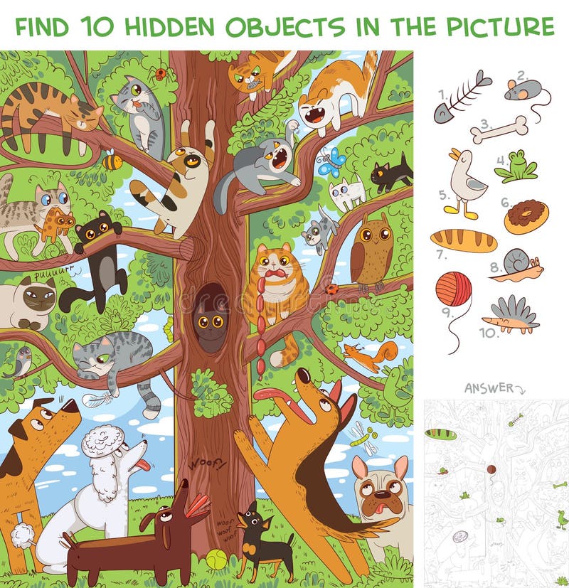 Cats are sitting on a tree. Find 10 hidden objects