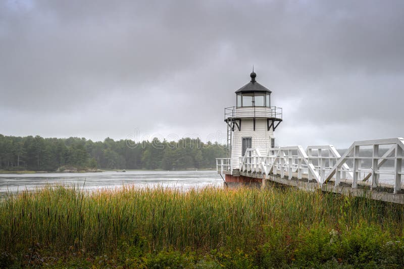 Cattails et phare de point de doublement - île d'Arrowsic, rivière kennebec, Maine, Etats-Unis