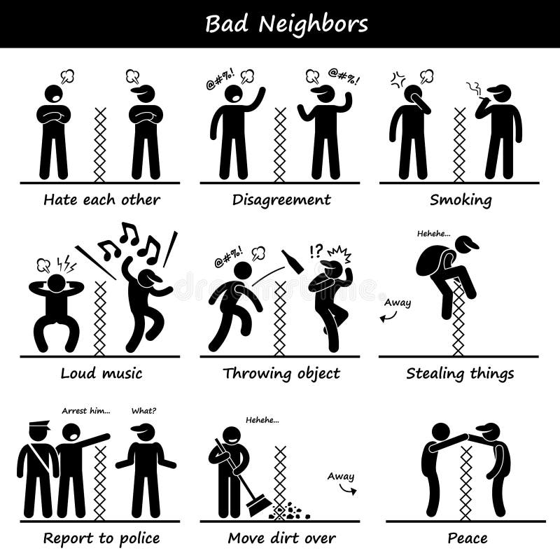 A set of human pictogram representing unhappy neighbors quarrel and cursing each other. He is upset about the smoke, loud music, and his neighbor also steal his stuff. He report to police. They have peace at the end. A set of human pictogram representing unhappy neighbors quarrel and cursing each other. He is upset about the smoke, loud music, and his neighbor also steal his stuff. He report to police. They have peace at the end.