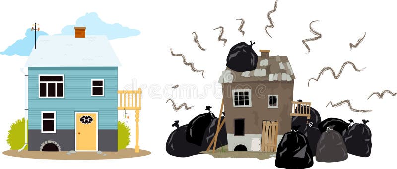 Smelly house buried under garbage bags creating problems for it`s neighbors, EPS 8 vector illustration. Smelly house buried under garbage bags creating problems for it`s neighbors, EPS 8 vector illustration