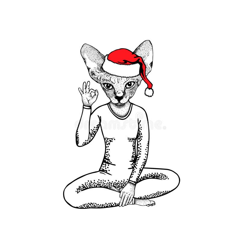 Catwoman in Santa Claus hat showing symbol okay in pose lotus, hand drawn vector. Vector new year illustration