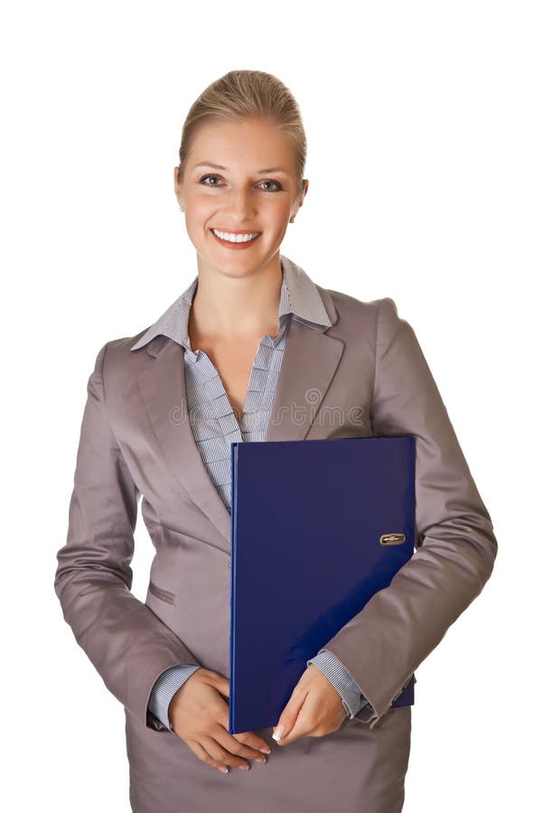 Caucasian blond businesswoman in suit holding ring