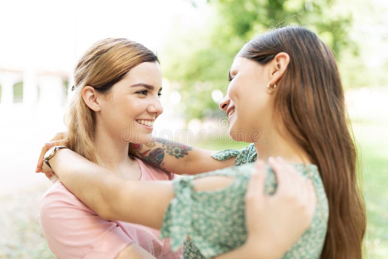 Lesbian Young Couple Hugging And Making Eye Contact Stock Image Image