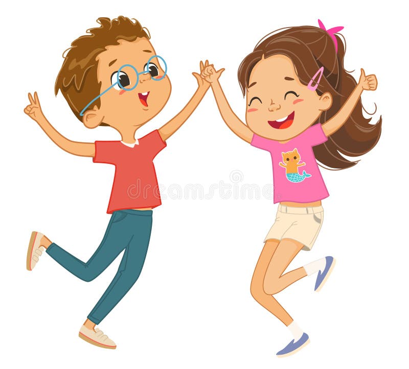 Caucasian boy and girl play together, happily jump and dance. Concept of fun and vibrant moments of childhood. Vector