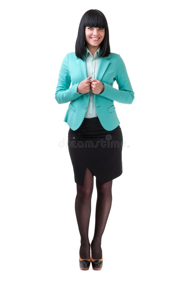 Caucasian business woman standing, full length portrait isolated on white