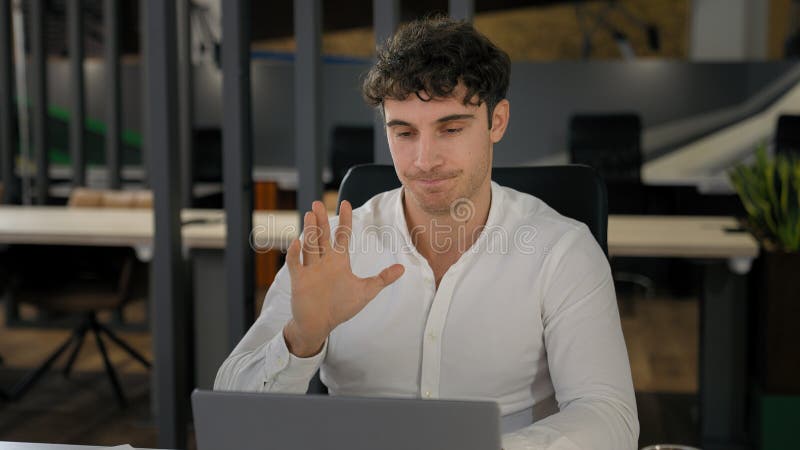 Caucasian businessman finish end business video call with laptop close computer tired exhausted man employer royalty free stock image