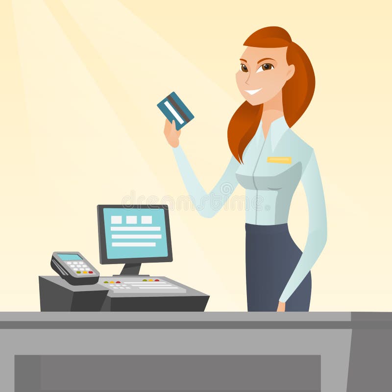 Caucasian cashier holding a credit card. vector illustration Caucasian cashier holding a credit card. vector illustration