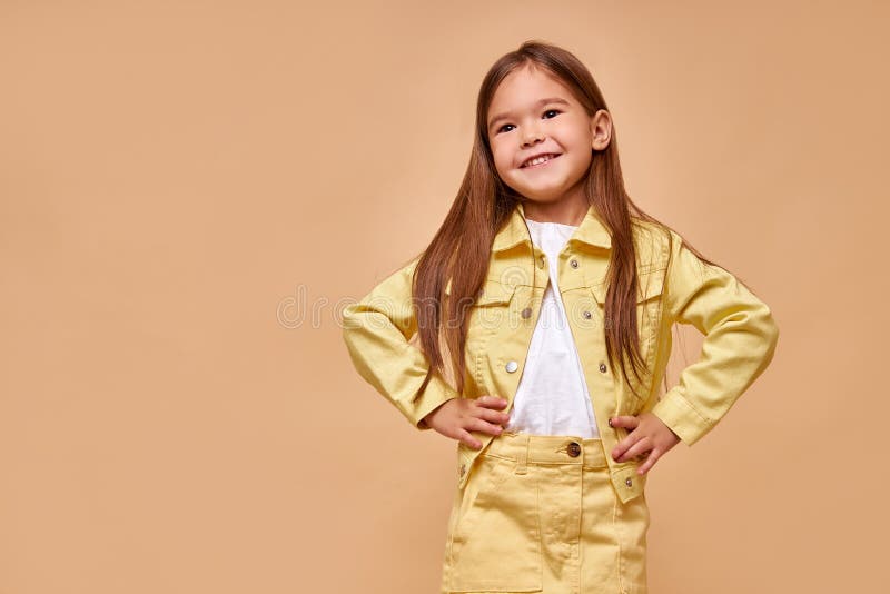 Caucasian Child Girl Stand with Hands on the Belt Isolated Stock Image ...