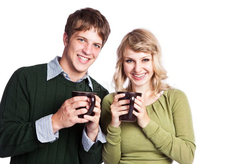 Caucasian couple holding coffee cups