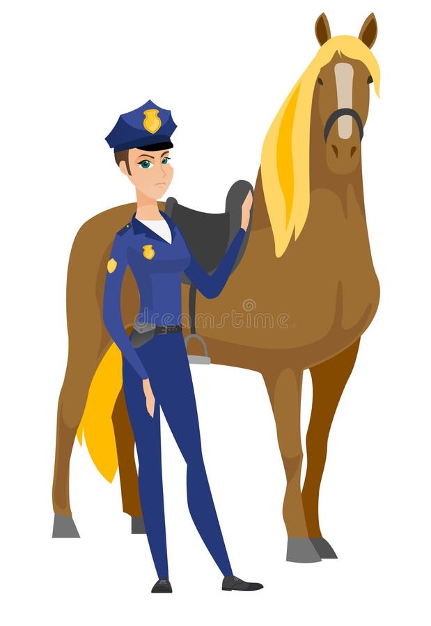 Caucasian female police officer and horse.