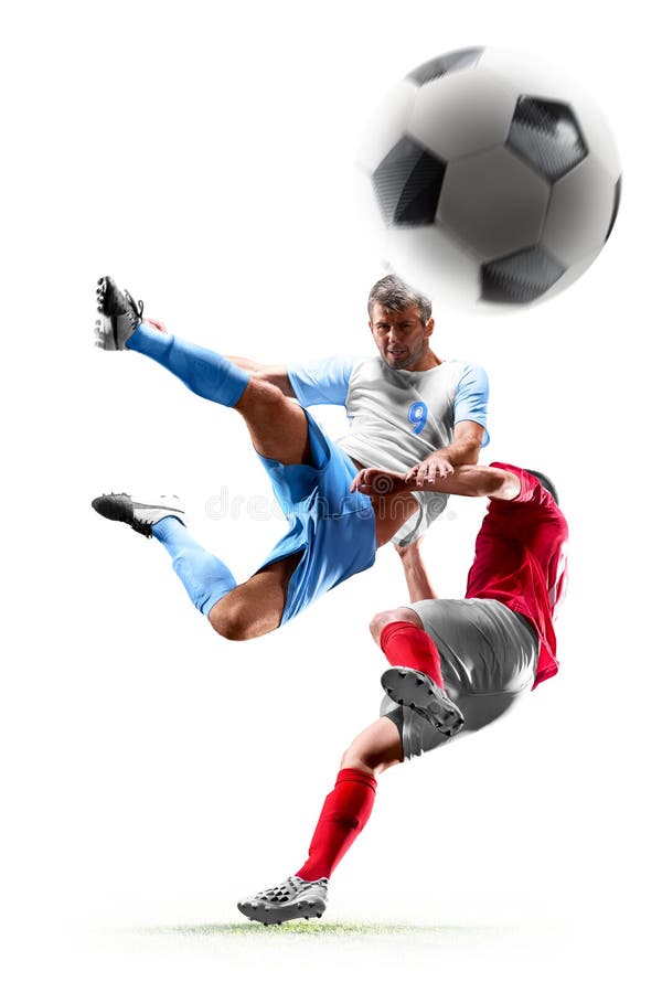 Caucasian fotbollspelare som isoleras på vit bakgrund arkivfoto Caucasian fotbollspelare som isoleras på vit bakgrund arkivfoto