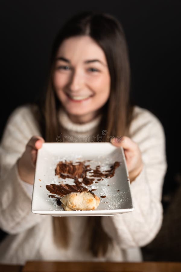 Girl Offers A Plate The Last Piece Of Chocolate Cream Pizza Dessert Stock Image Image Of 