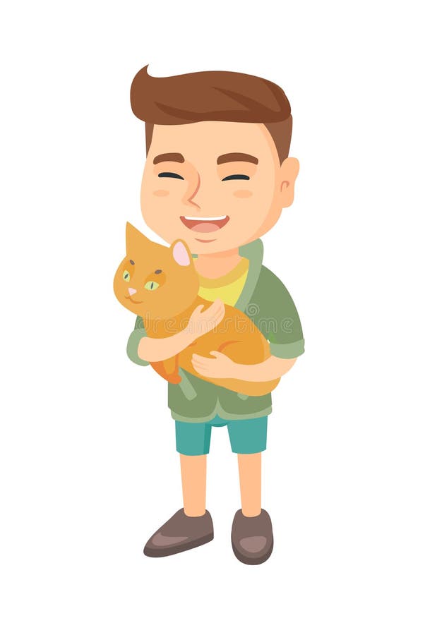 Caucasian Happy Boy Holding A Cat. Stock Vector - Illustration Of Animal,  Care: 101212421