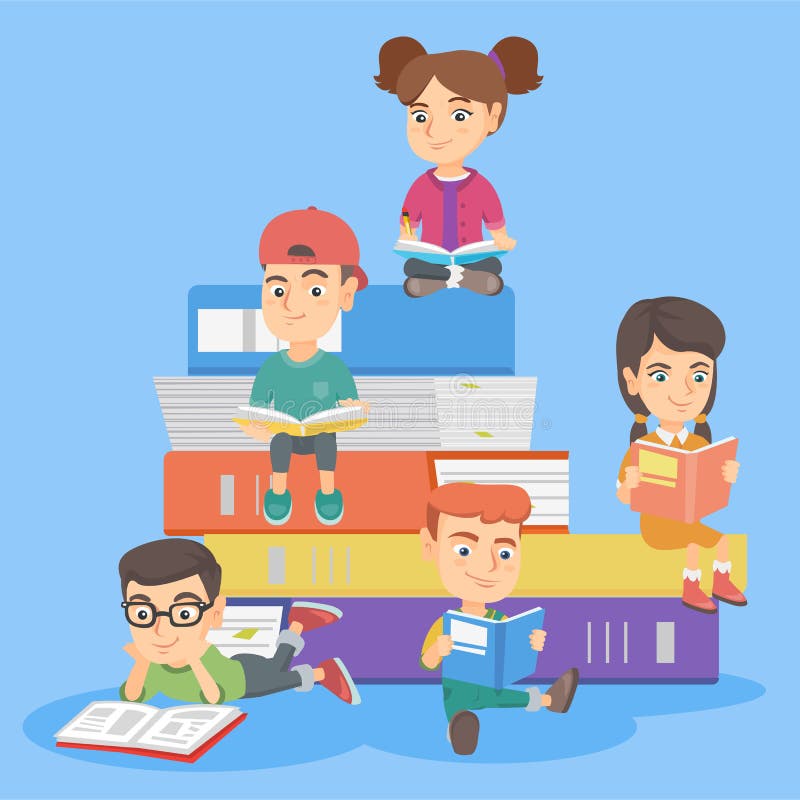 Caucasian kids reading books together. vector illustration Caucasian kids reading books together. vector illustration